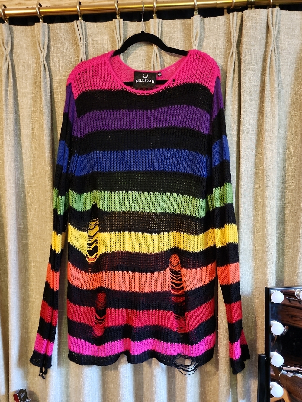 Killstar Black Striped Distressed Knit Sweater with Rainbow Colors